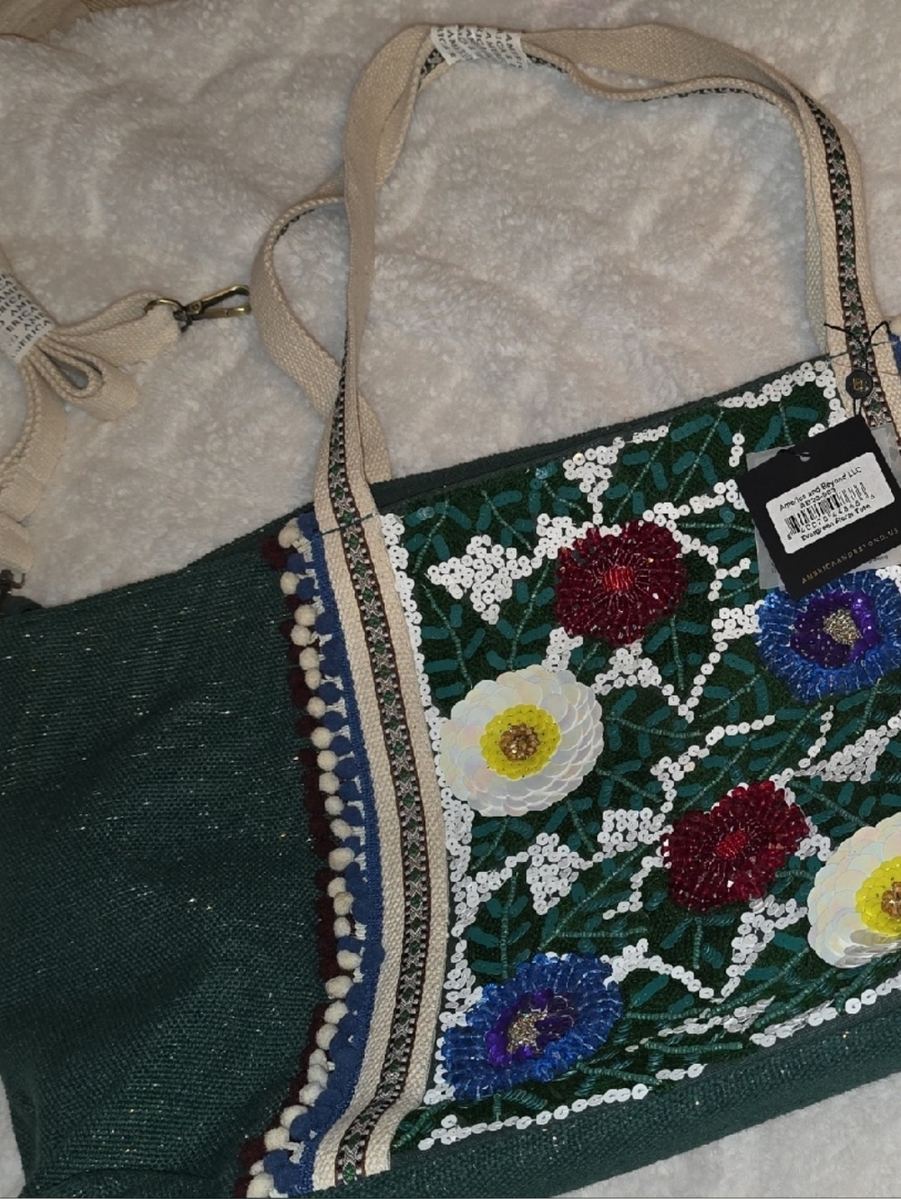 Beaded Tote/ Embroidered Floral Green Canvas Shoulder Bag *Large